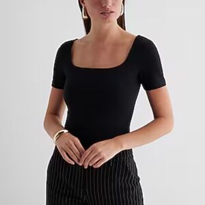 Express Body Contour Stretch Cotton Square Neck Bodysuit Black - size L